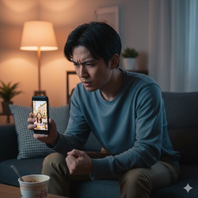 夜の部屋でソファに座り、スマートフォンで元カノの楽しそうなSNS投稿を見て眉間にしわを寄せ、苛立ちを感じている男性。