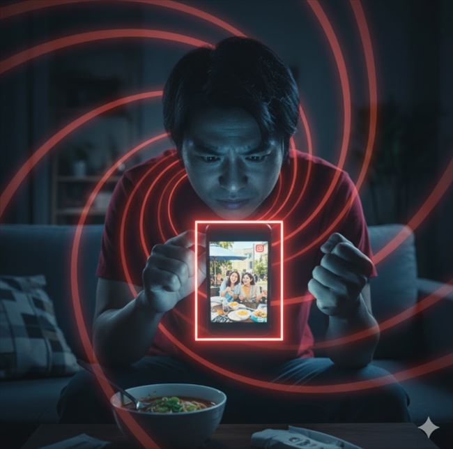 暗い部屋でスマートフォンに映る元カノの楽しそうなSNS投稿を見て、苛立ちと不安を募らせる男性。赤い渦巻きが彼を囲んでいる。