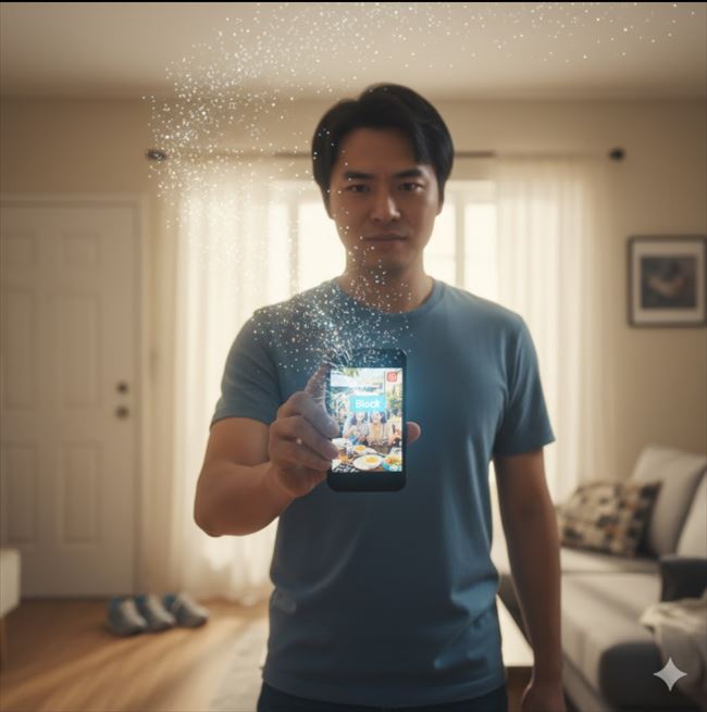 自宅のリビングでスマートフォンを持ち、元カノのSNSをブロックする決意をした男性。彼の指先から光の粒子が放たれている。