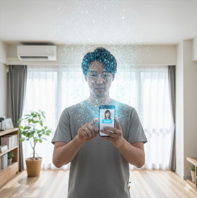 自宅のリビングでスマートフォンを操作し、元カノのアカウントをブロックする男性。彼の頭上から青い光の粒子が立ち上っている。