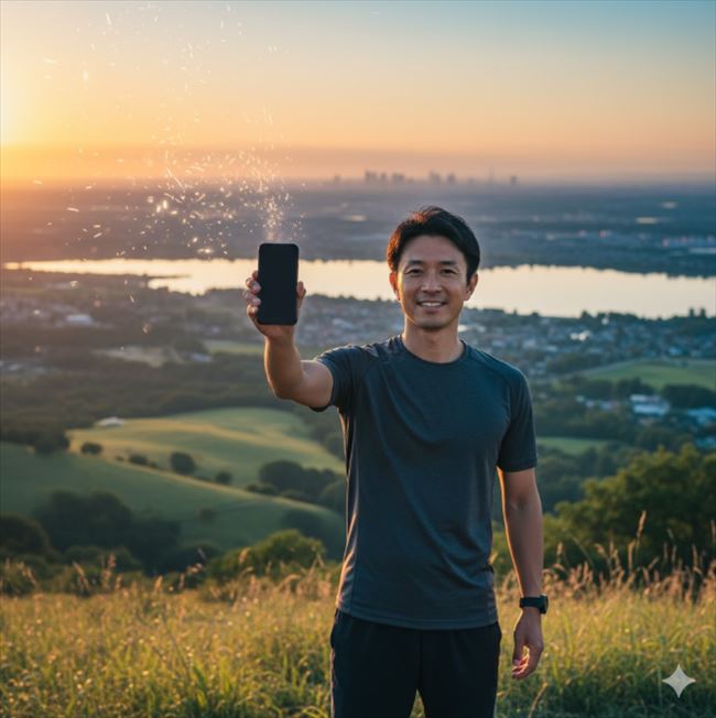 丘の上で夕日を背景に笑顔でスマートフォンを掲げる男性。彼の頭上から光の粒子が輝き、過去の執着から解放された様子。
